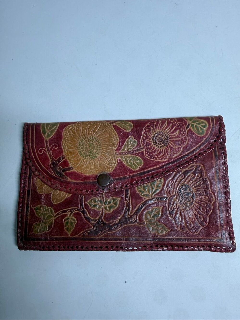 Vintage Indian Leather Wallet Handmade Floral Tooled Burgundy Boho See Notes
